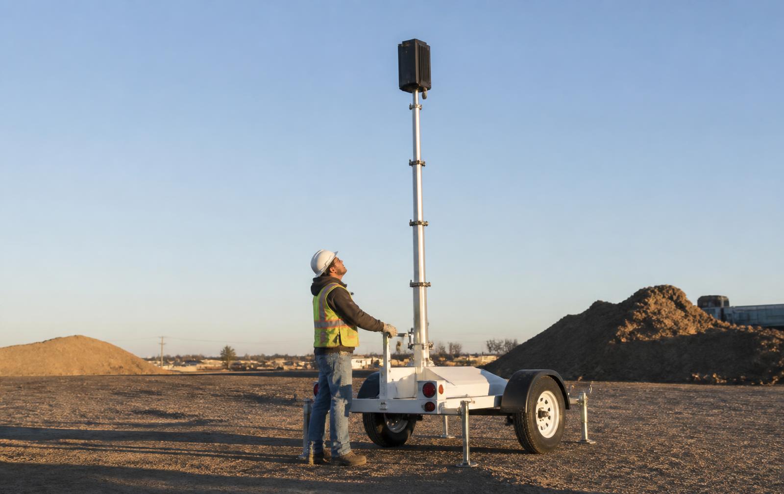 A single superintendent in a hard hat raising the mast on an ORB trailer at a jobsite