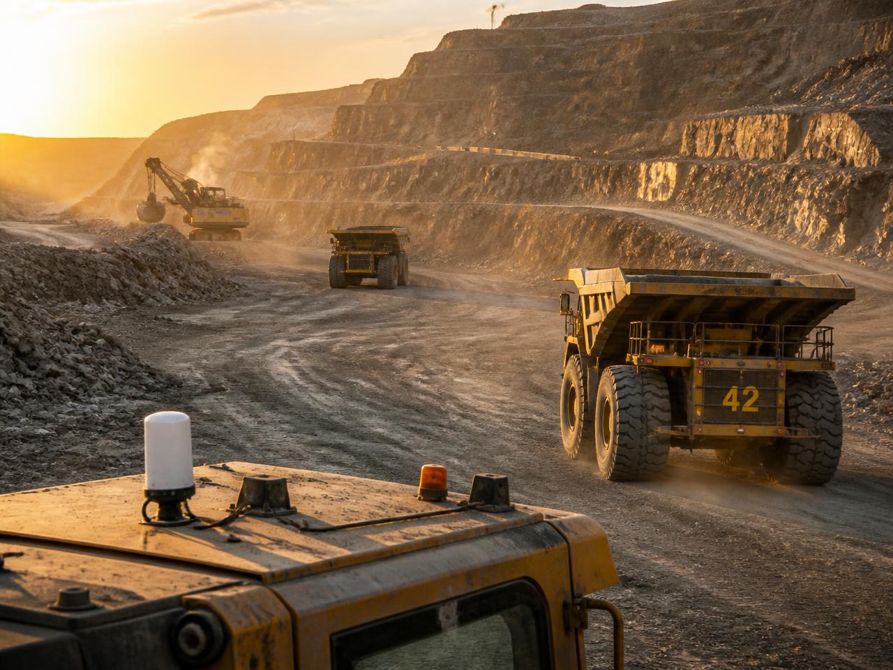Haul trucks and an excavator working the terraced benches of an open-pit mine at golden hour
