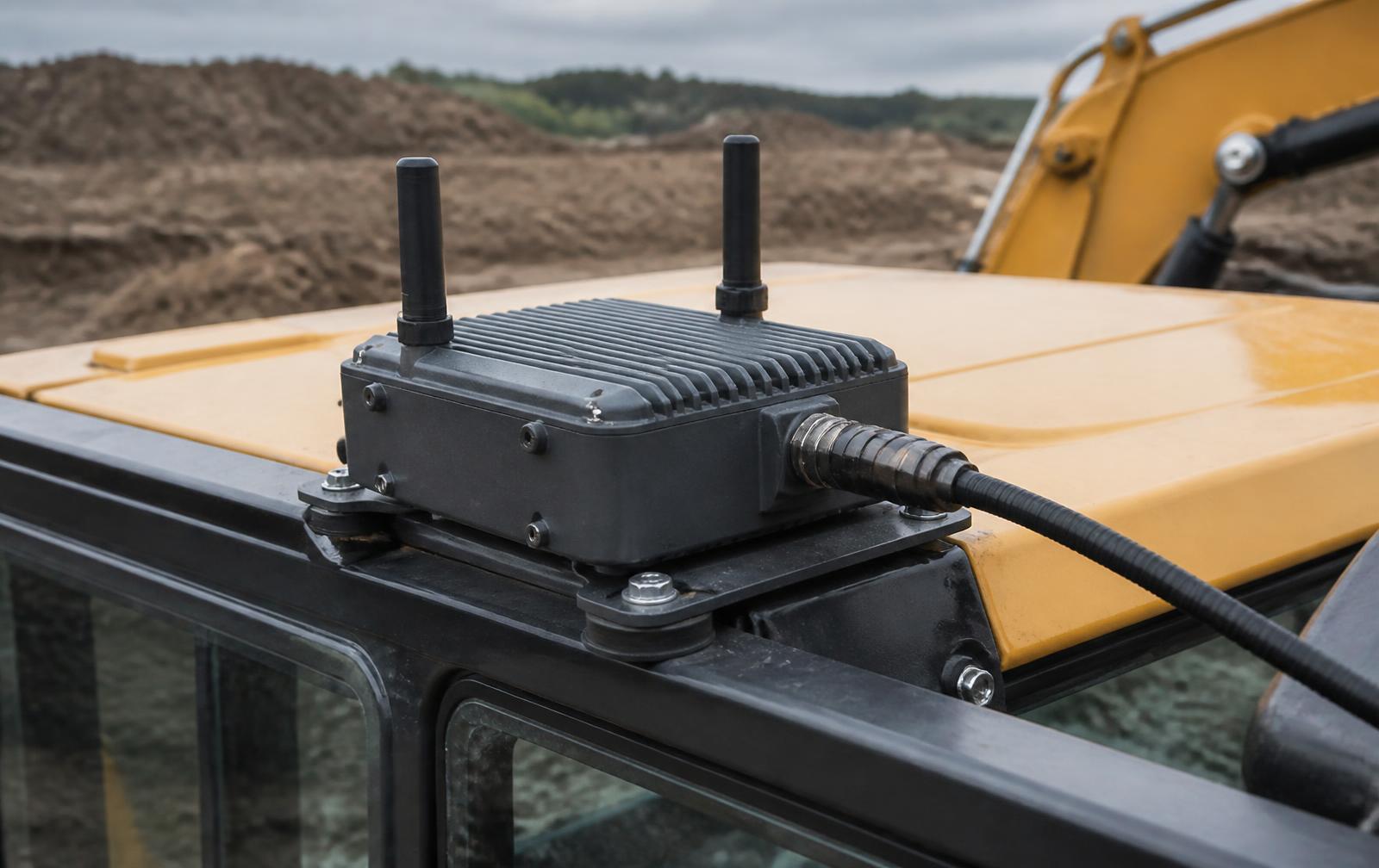 A rugged Oasis Industrial CPE bolted to the cab roof rail of a yellow excavator
