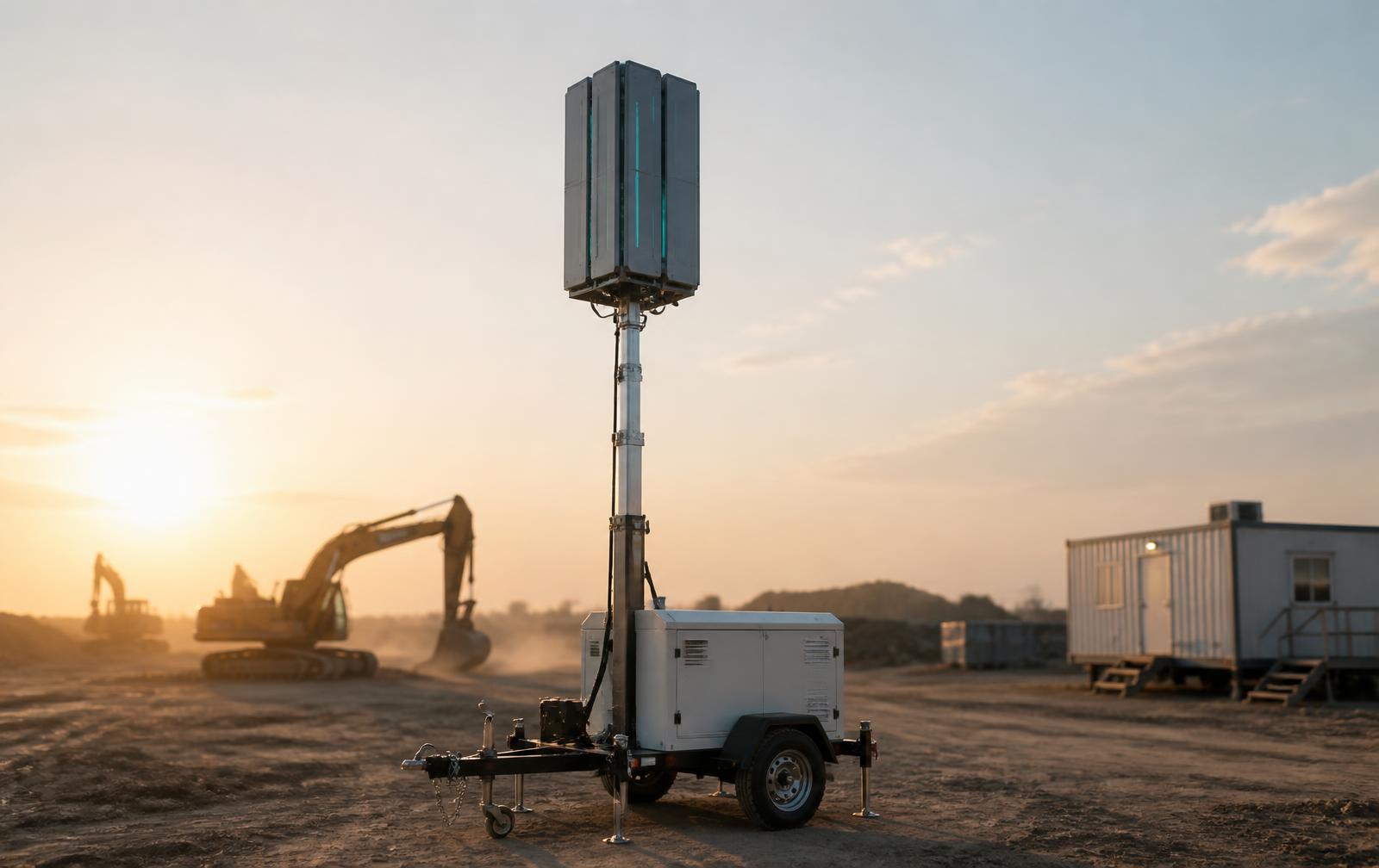 An ORB base station on a towable trailer with its telescoping mast raised over a construction site at sunset, excavators working in the distance
